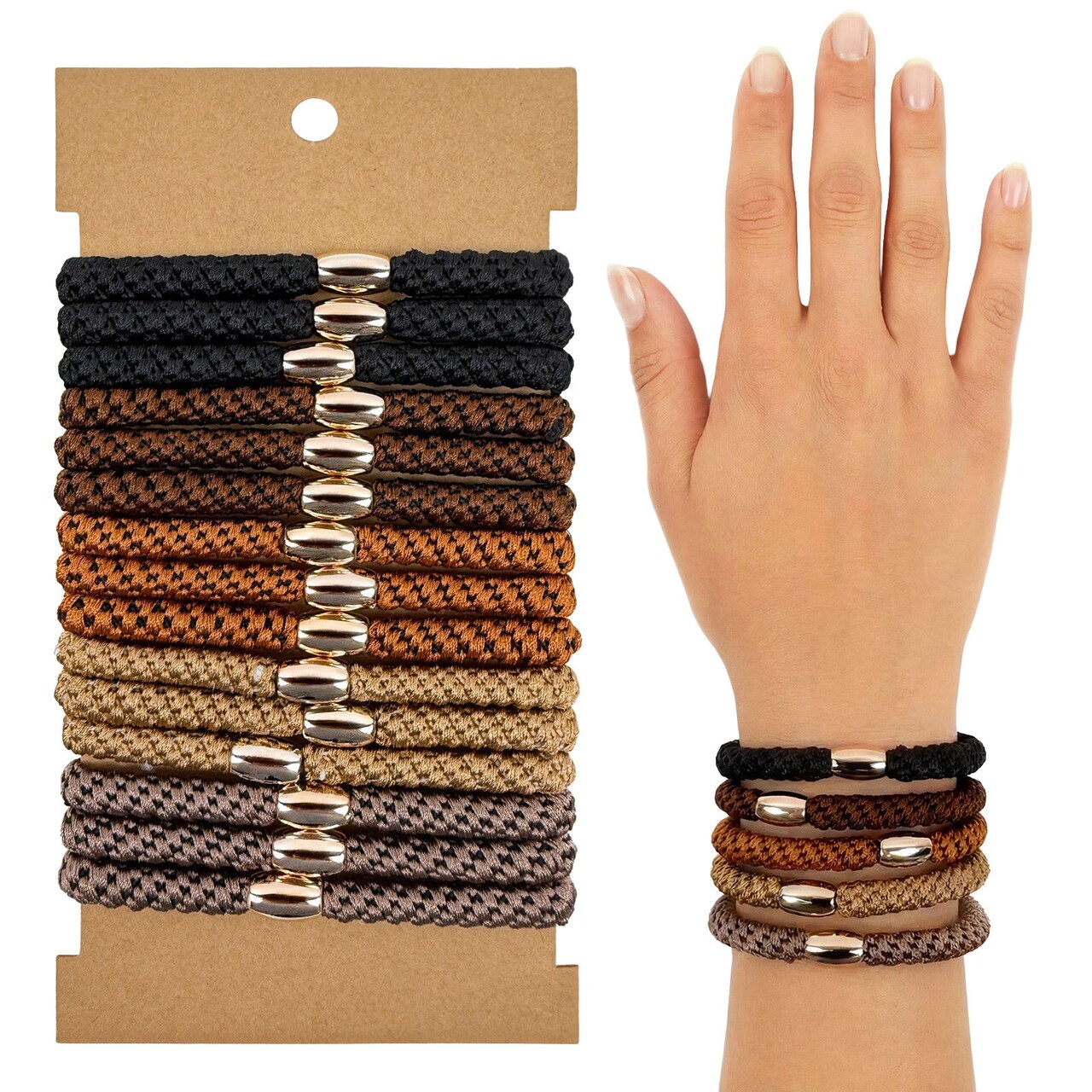 Wrapables Braided Elastic Hair Ties for Women, No Damage Hairbands for Thick Ponytails (15pcs), Browns